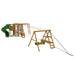 Rear angle of the Ninja Power Tower Gold swing set showcasing the green spiral slide and strong wooden frame.