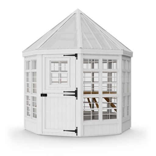 Exterior side view of Little Cottage Co. Octagon Greenhouse showing tall windows, Dutch door, and roof design for natural light gardening