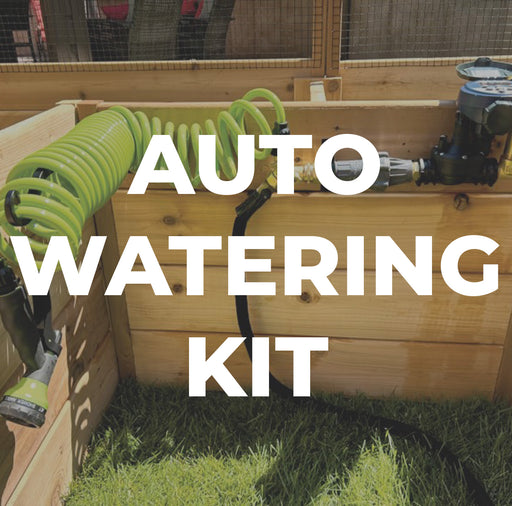 Outdoor Living Today (OLT) Auto-Watering Kit with coiled hose icon overlay, highlighting the product setup.