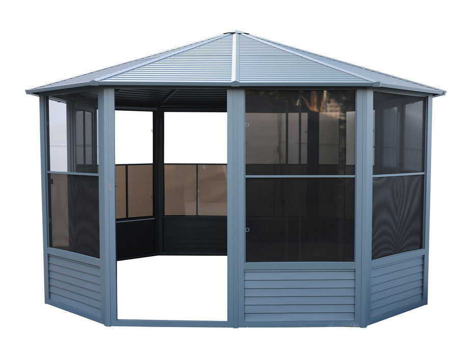 Frontal view of a Florence 12x12 freestanding solarium gazebo with a slate-colored metal roof and screened panels. The structure is shown with an open door, inviting entry into the enclosed space.