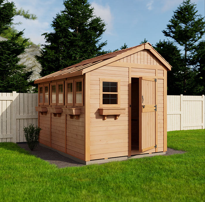 Side view of the OLt Sunshed Garden Shed with the door partially opened.