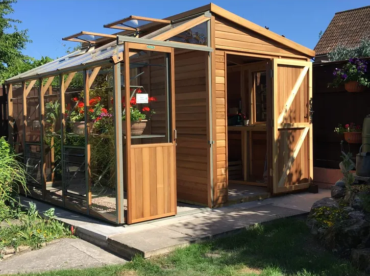 The Alton Cedar Fusion Greenhouse with its door open, showcasing wooden panels, glass walls, and vibrant garden plants inside and around it.