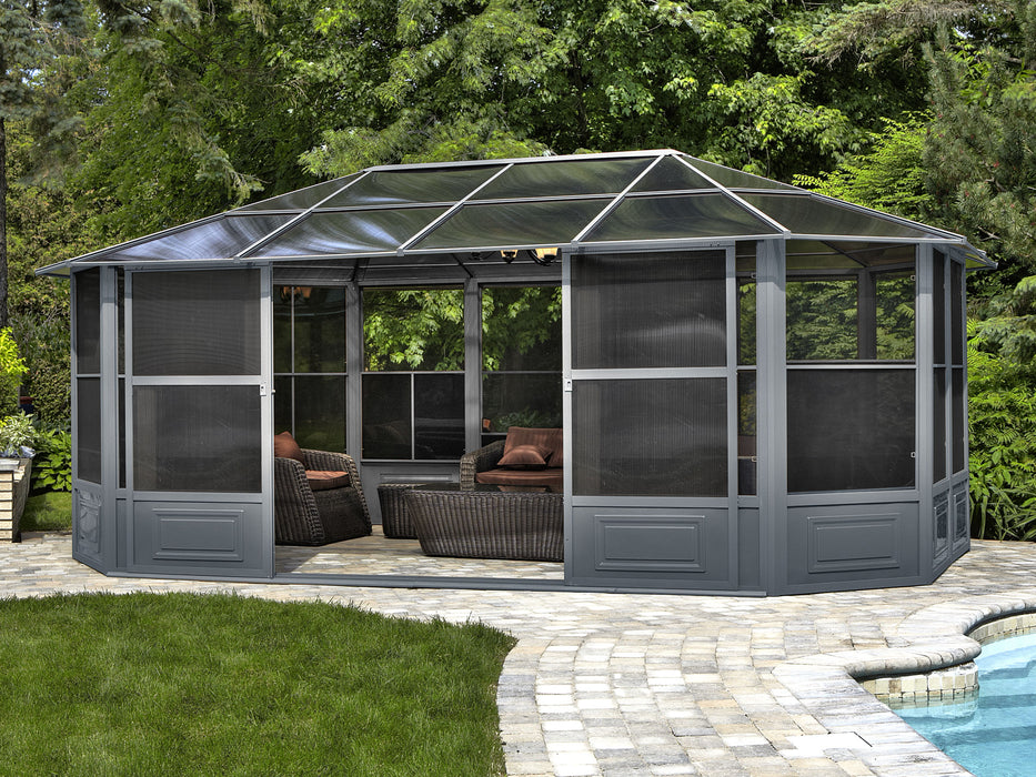 Image of the 12x18 gazebo with a slate polycarbonate roof installed in a backyard setting.
