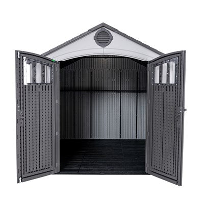 Interior view of an empty Lifetime 8x10 Shed with doors open, showing the ample storage space and structured shelving.