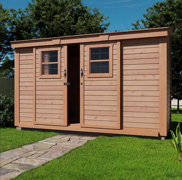 Outdoor Living Today SpaceSaver 12x4 shed with partially open sliding doors.