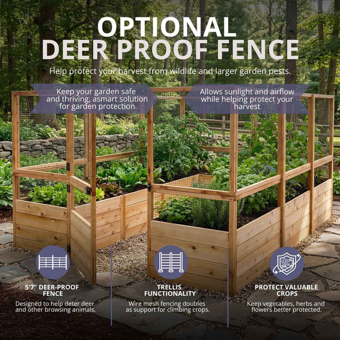 Cedar Garden in a Box 8×12 with optional 5'7" deer-proof wire mesh fence enclosing raised beds of lettuce, herbs and climbing crops.