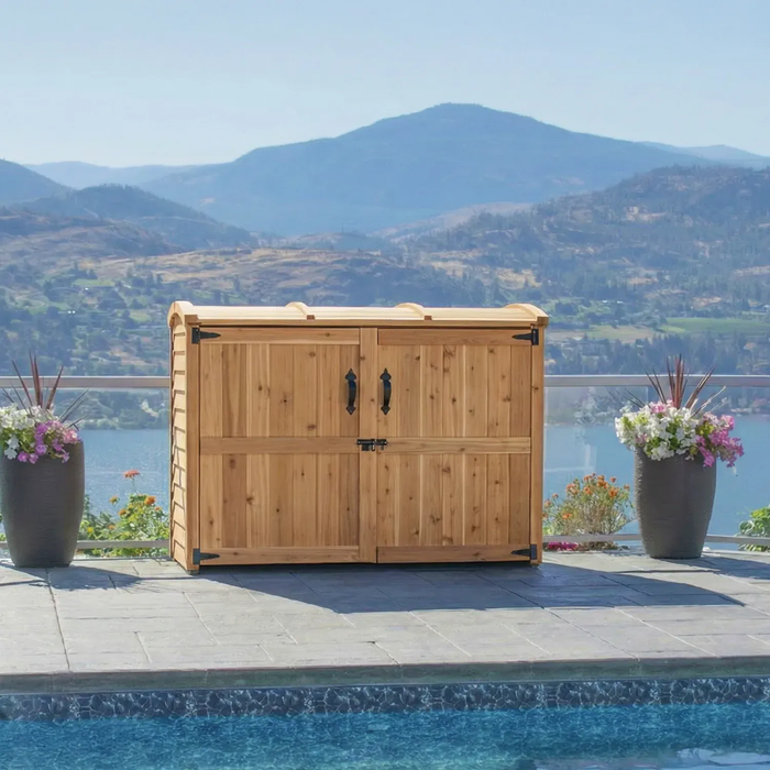Close-up detail of the Oscar 6x3 waste bin shed's wood paneling and door latch, showcasing sturdy outdoor construction.