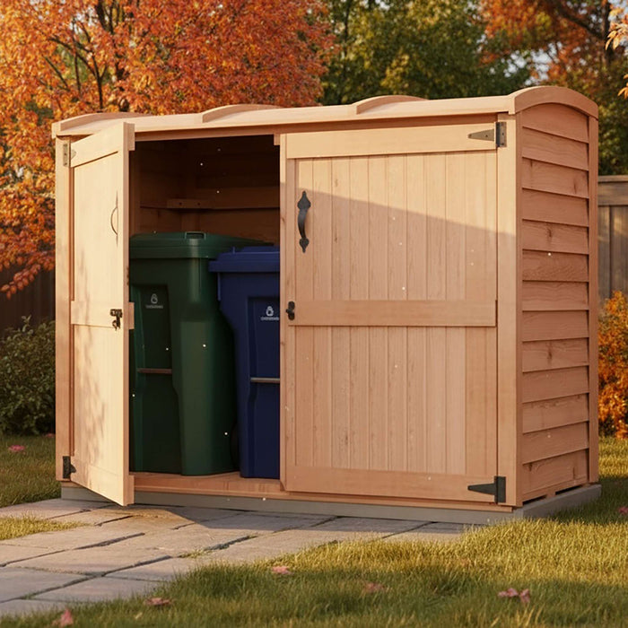 Side angle view of the Oscar waste bin shed 6x3, showcasing its wooden design and slanted roof for outdoor storage.