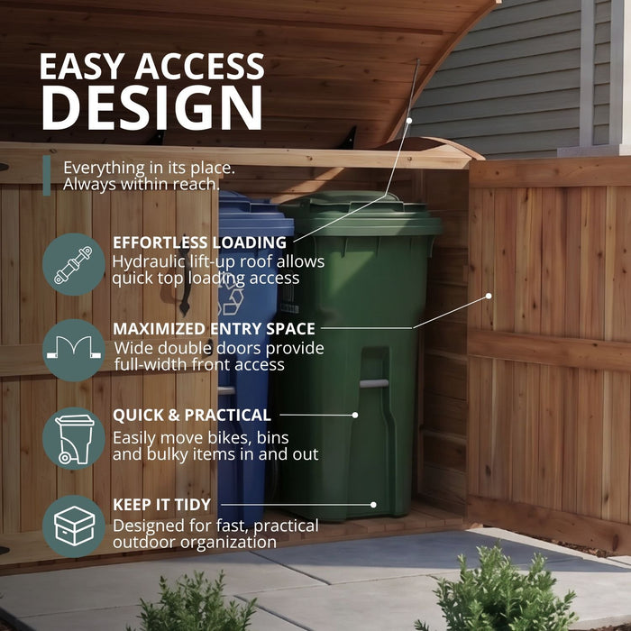 Close-up detail of the Oscar 6x3 waste management shed's wood paneling and door hardware for bin storage.