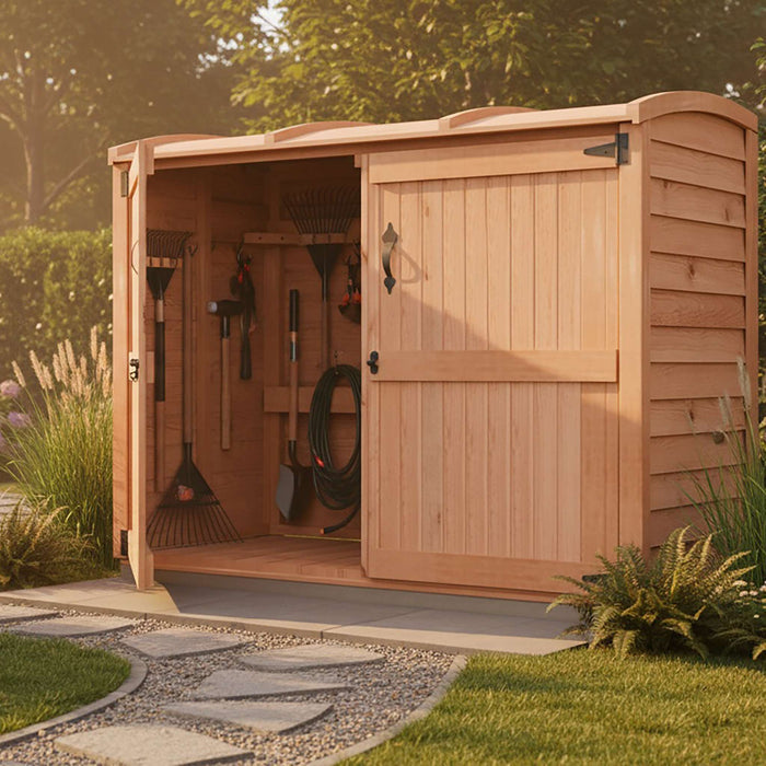 Oscar 6x3 waste bin storage shed with sloped cedar roof and double doors, shown in main exterior view.