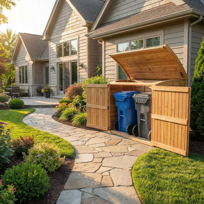 Side angle view of the Oscar 6x3 waste bin storage shed, showcasing its sturdy wooden design for outdoor waste management.