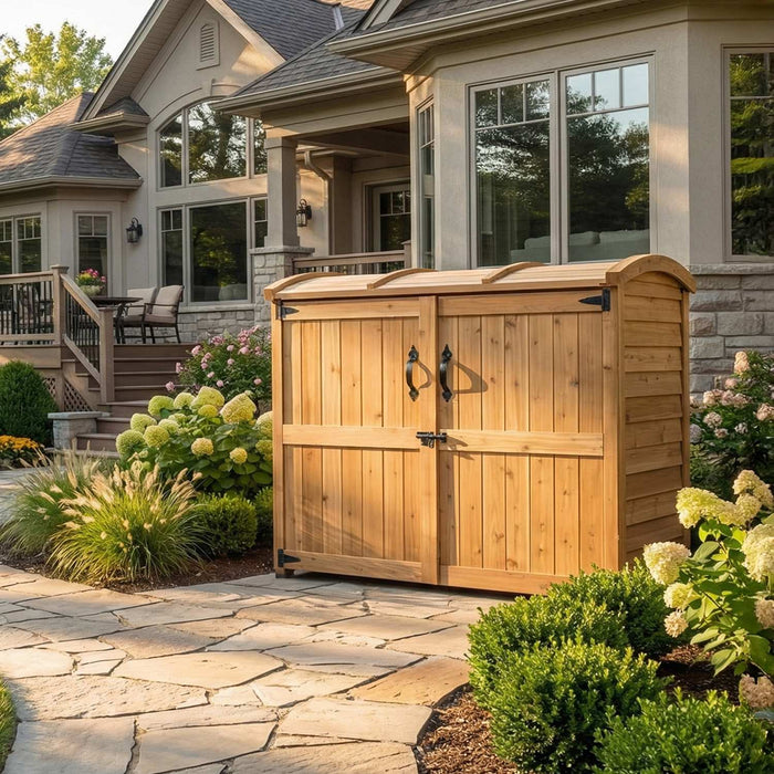 Side angle view of the Oscar 6x3 waste bin storage shed, showcasing its sloped roof and wood-paneled design.