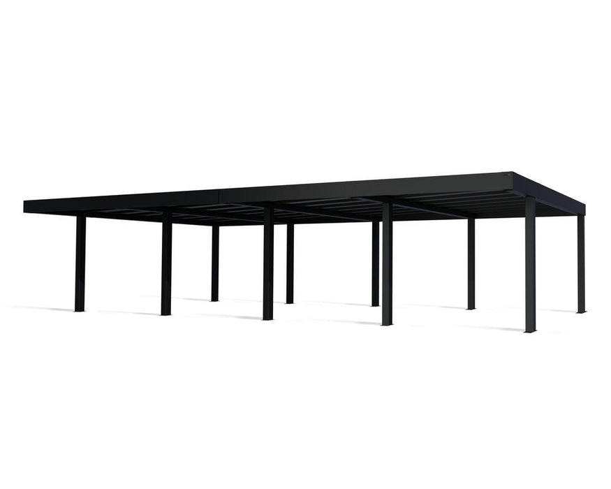 Open structure cutout showing the black aluminum frame of the Oslo carport