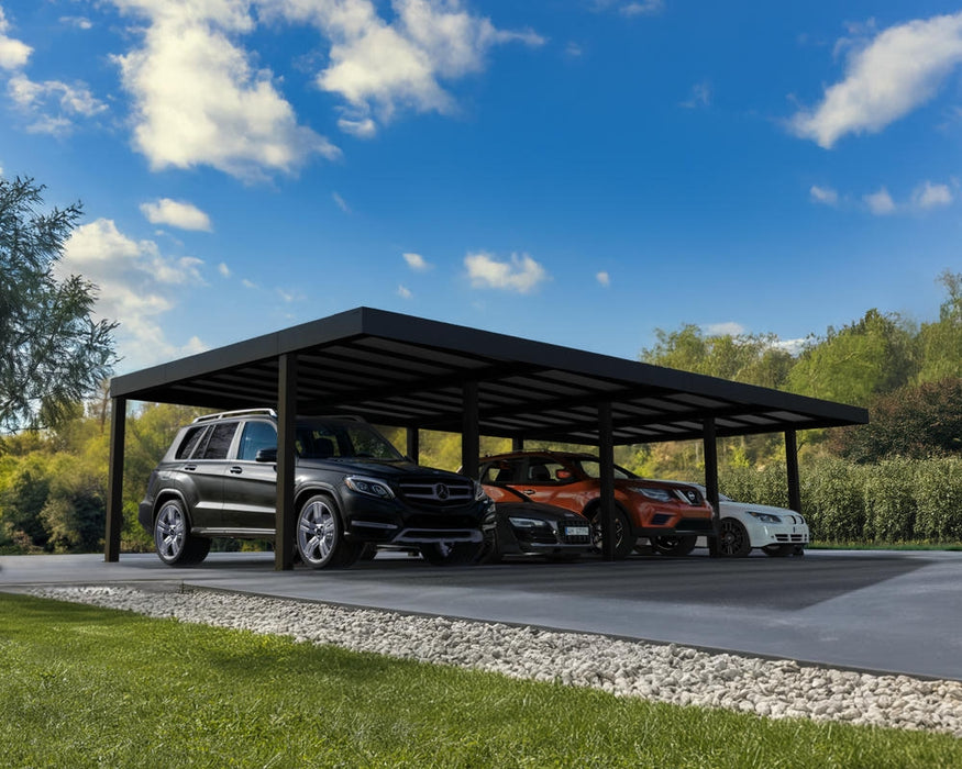 Large Oslo carport installed on a residential driveway providing covered parking for several cars