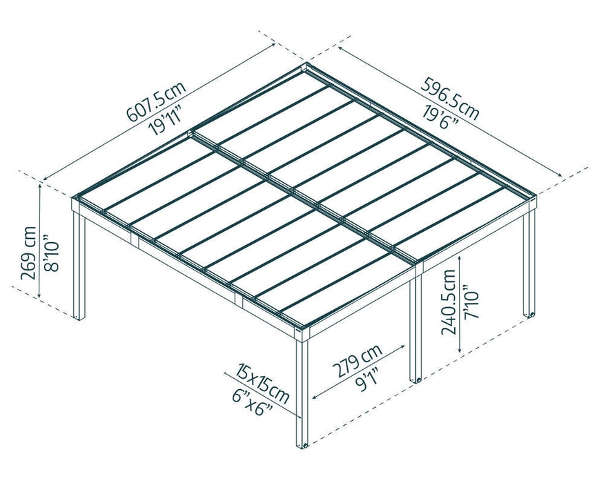 Oslo carport dimension diagram showing overall width, depth, height, and post spacing