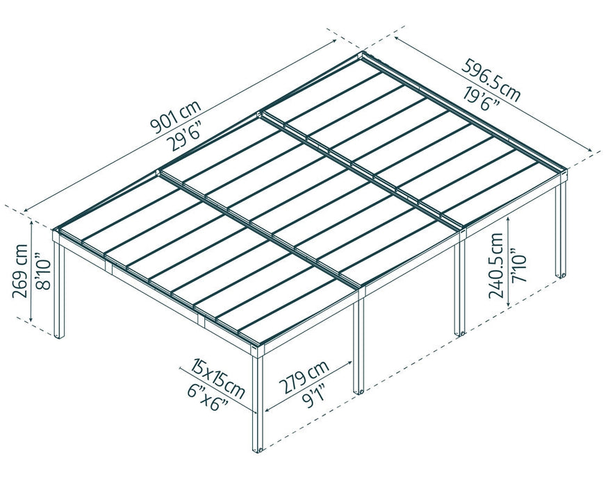 Dimension diagram showing overall measurements, height, and post spacing of the Oslo 20x30 carport