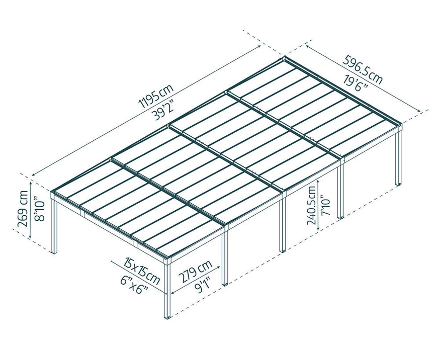 Dimension diagram showing layout, height, width, depth, and post spacing of the Oslo 20x40 carport