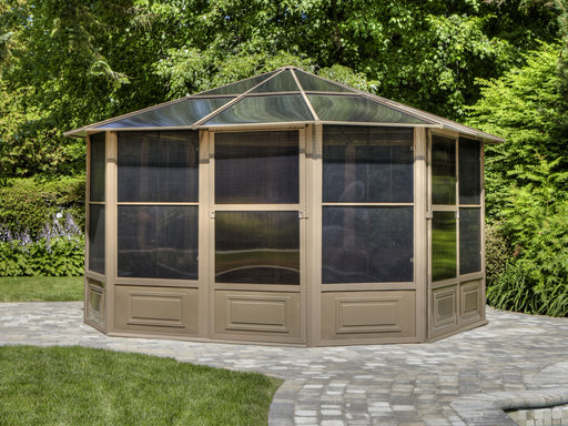 Image of the 12x12 gazebo with a sand polycarbonate roof installed in a backyard setting.