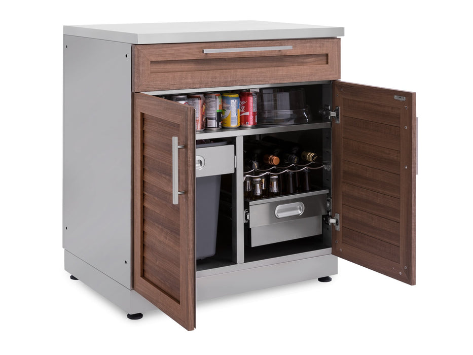 NewAge Classic 32 in. Bar Cabinet with both doors open, revealing the pull-out trash bin and adjustable wine rack inside.