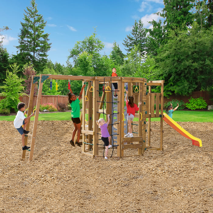 Active kids on Playstar Ninja Power Tower Bronze playset with ropes, rings, and monkey bars