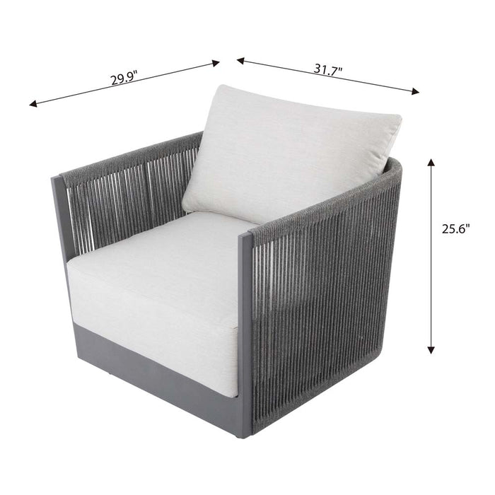 Side view of the Capri Collection outdoor club chair by Elementi with dimensions, featuring woven gray sides and plush white seating and back cushions.