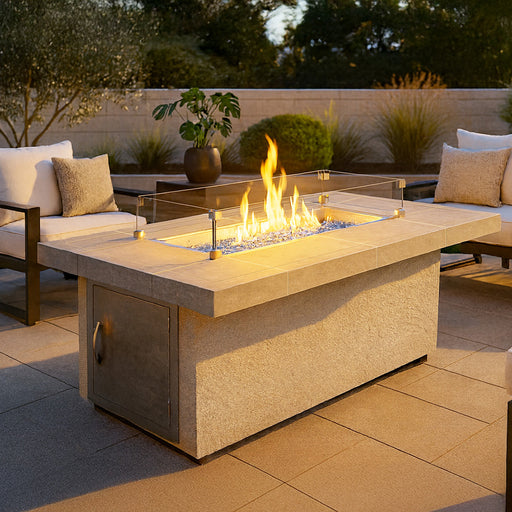 Phoenix 48-inch rectangular fire pit from Cal Flame lit on a modern patio with seating and glass wind guard.