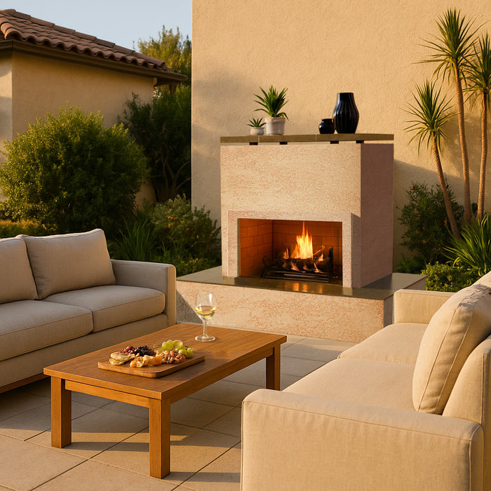 Cal Flame Sahara patio fireplace installed in outdoor seating area with mocha stucco finish.