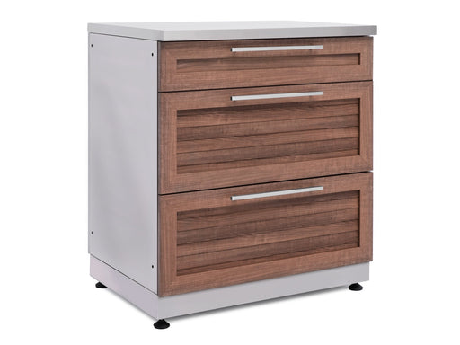 NewAge Classic Series 3-Drawer Cabinet in Grove finish shown with a stainless steel countertop installed, front-right angle.