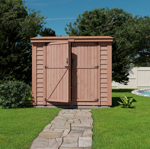 Frontal view of an Outdoor Living Today SpaceSaver wooden shed with 8x4 dimensions and double doors
