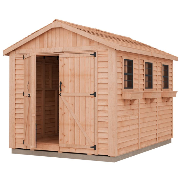  Outdoor Living Today 8x12 Space Master shed with shingled roof and side panels.