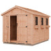  Outdoor Living Today 8x12 Space Master shed with shingled roof and side panels.