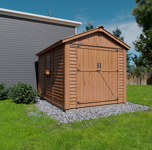 Side view of Outdoor Living Today's Space Master wooden shed in a backyard.