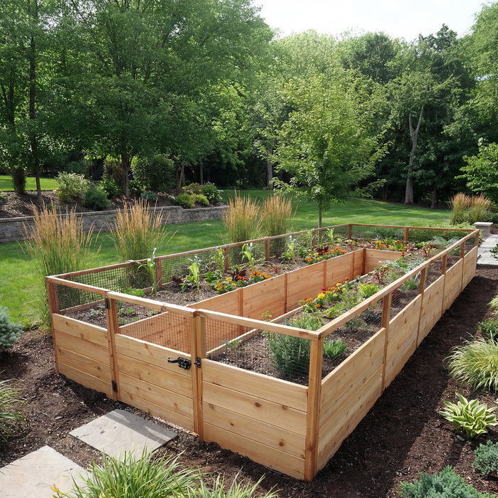 Outdoor Living Today 8x16 raised garden bed kit with latched cedar gate, ornamental grasses and a manicured lawn framing the planted beds