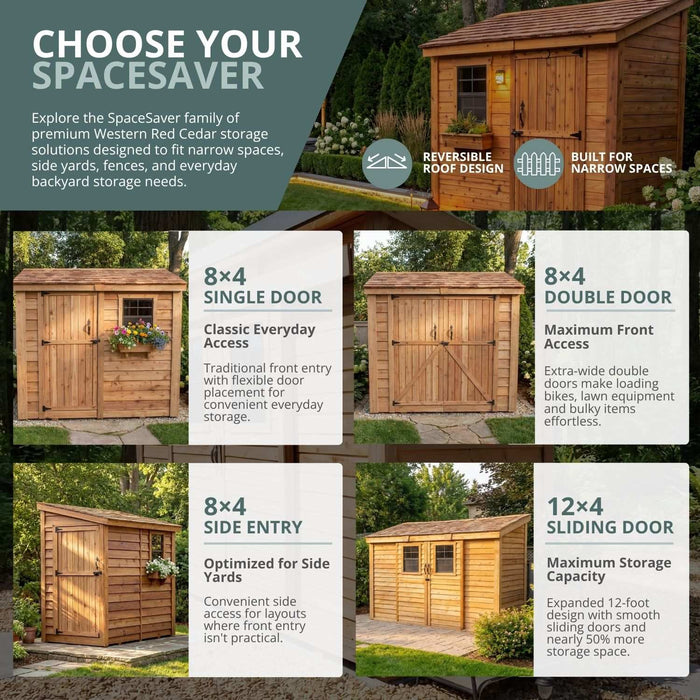 Cedar 8x4 SpaceSaver storage shed showing close-up detail of its double door latch and wood grain.