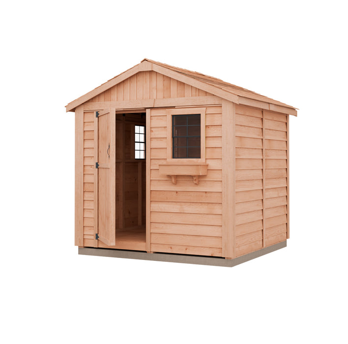 Outdoor Living Today 8x8 Gardener Shed featuring cedar shingle roof, front door, and window flower box made from Western Red Cedar