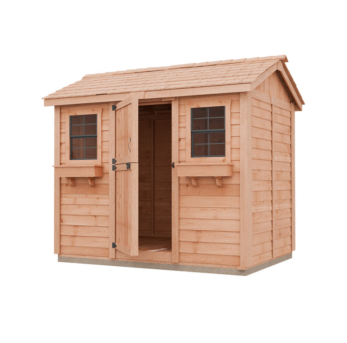 9x6 Cabana Garden Shed built from Western Red Cedar featuring cedar shingle roof and front entry door with windows