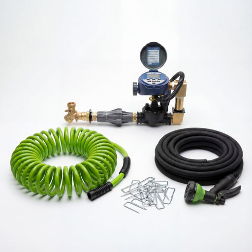Outdoor Living Today Auto-Watering System kit with digital timer, brass fittings, green coil hose, soaker hose, spray nozzle and metal stakes