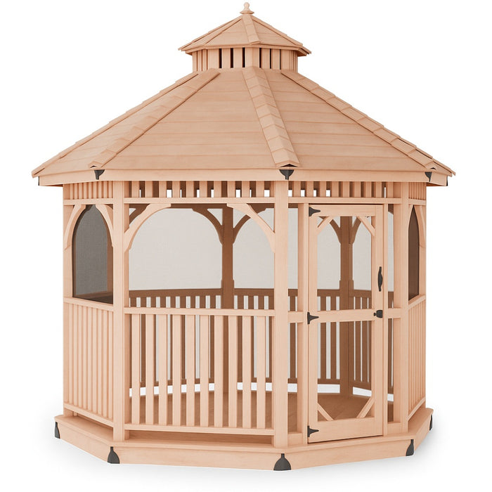 Outdoor Living Today 10-foot Bayside octagon cedar gazebo with mesh screen kit and entry door for insect protection and outdoor relaxation