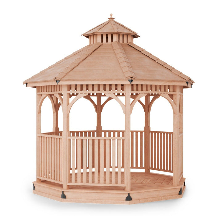 Outdoor Living Today 10-foot Bayside panelized octagon gazebo made of cedar wood with open railings and decorative roof design for backyard gatherings