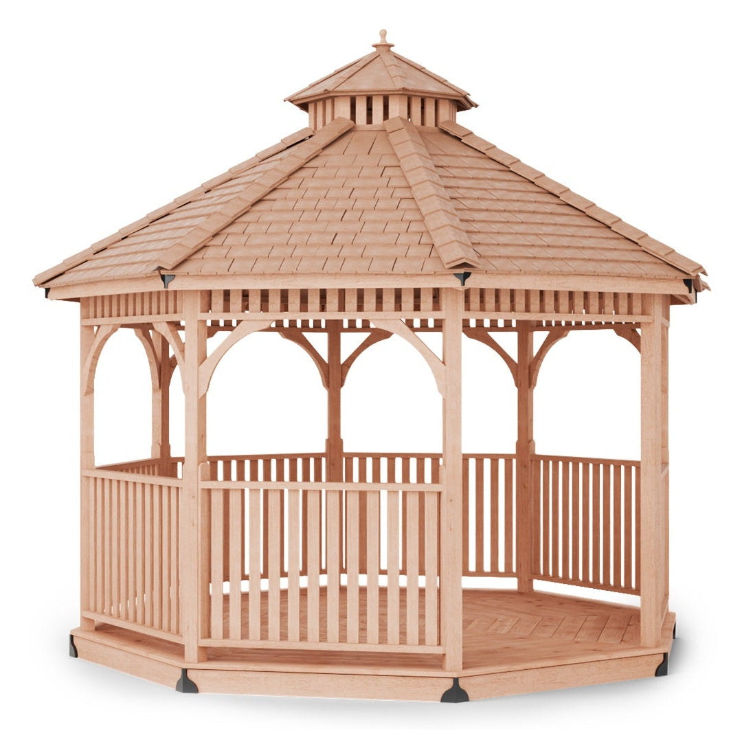 Outdoor Living Today 12-foot Bayside octagon cedar gazebo with vented roof and railings for backyard seating or garden centerpiece