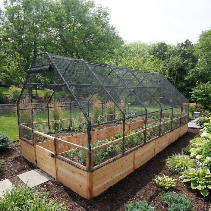 Angled view of the Garden in a Box with Birdnetting Cover 8x16, peaked mesh frame over western red cedar raised beds in a landscaped yard
