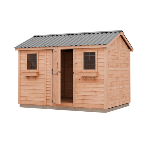Outdoor Living Today Cabana Garden 12x8 Shed built from Western Red Cedar featuring metal roof and front entry door with two windows