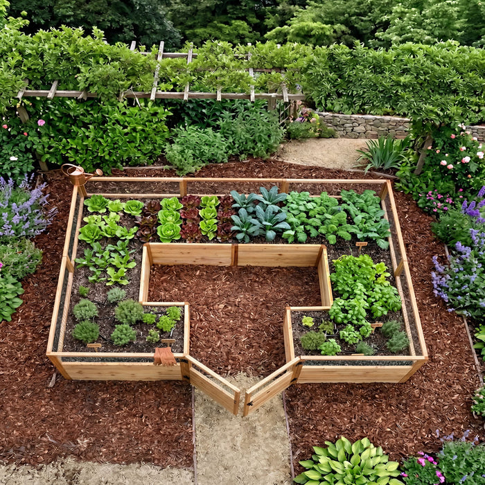 Aerial view of Outdoor Living Today Garden in a Box 12x8 cedar raised bed filled with lettuce, kale and herbs in a mulched backyard garden