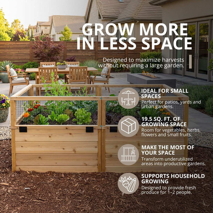 Compact cedar Garden in a Box 6x3 with Lid / Trellis offering 19.5 sq ft of growing space for lettuce, herbs and flowers in a small backyard.