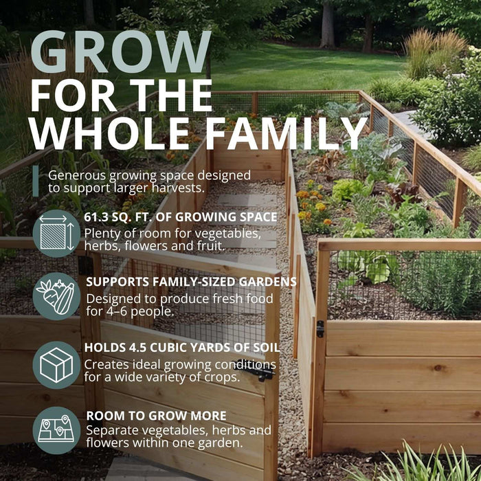 Cedar Garden in a Box 8 x 16 raised bed with 61.3 sq ft of growing space and 4.5 cubic yards of soil for family-sized vegetable and flower harvests.