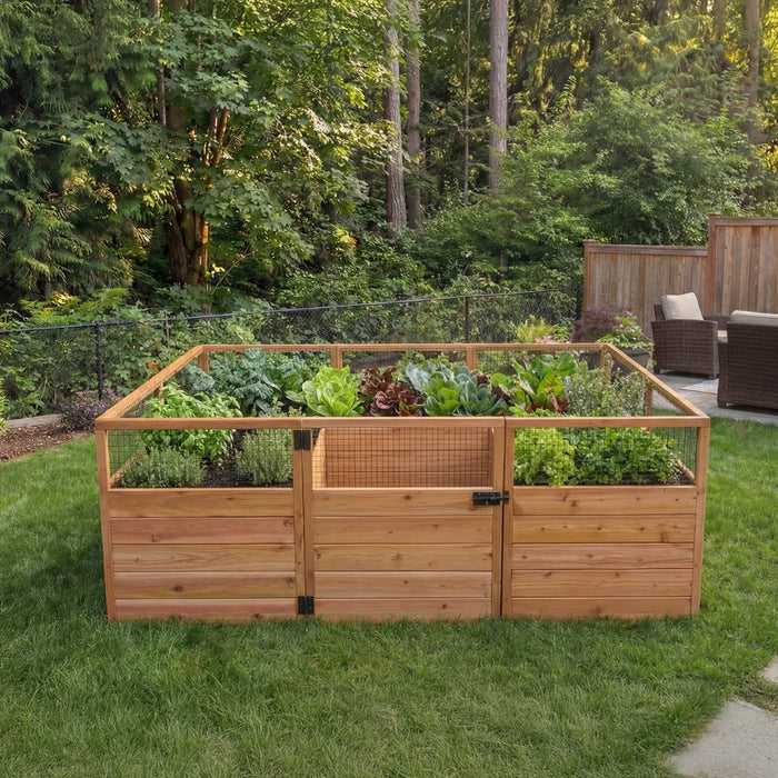 Outdoor Living Today Garden in a Box 8 x 5 western red cedar raised garden bed with mesh panels in backyard lawn