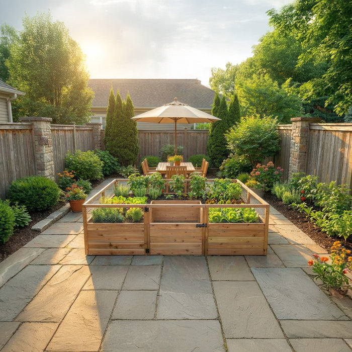 Outdoor Living Today Garden in a Box 8x5 cedar raised bed on a flagstone patio, planted with lettuce, herbs and peppers behind mesh panels