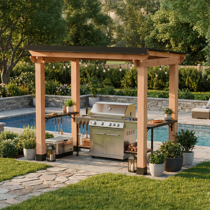 Outdoor Living Today grill gazebo 8x5 with cedar posts covering a stainless steel BBQ grill in a landscaped backyard