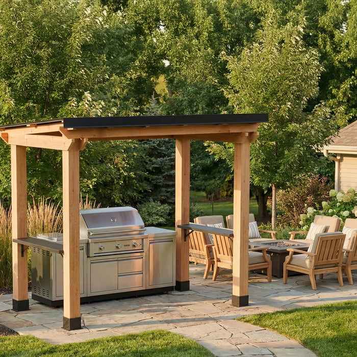 Outdoor Living Today grill gazebo 8x5 placed beside patio seating and BBQ grill in a landscaped backyard