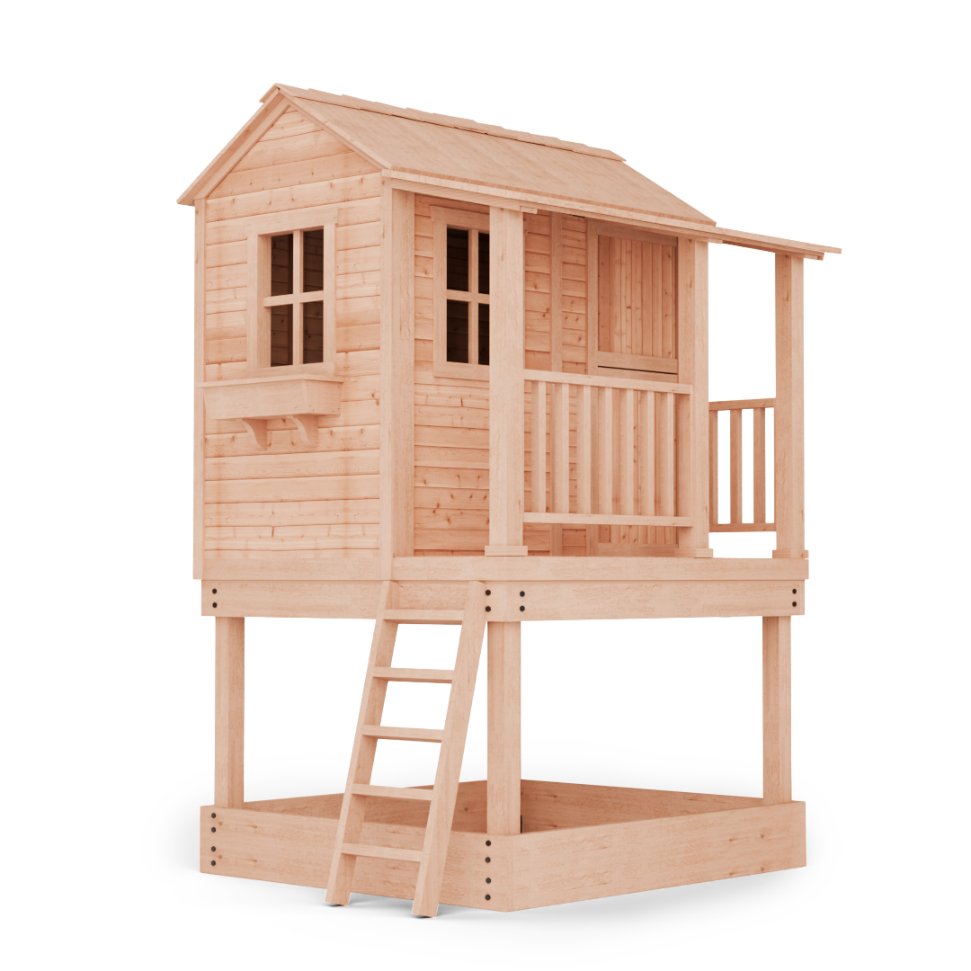 Outdoor Living Today Little Cedar Playhouse 6x6 elevated wood playhouse with porch, ladder, and sandbox base for backyard fun